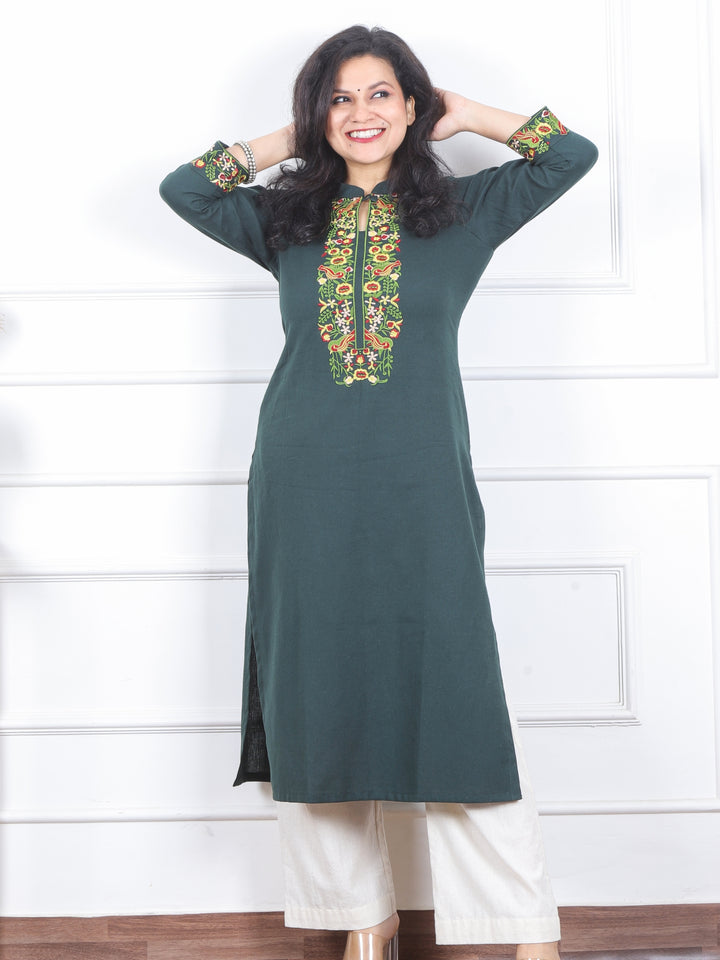 Khawb Pine Green Floral Thread Embroidered Neck Cotton Flex Kurti