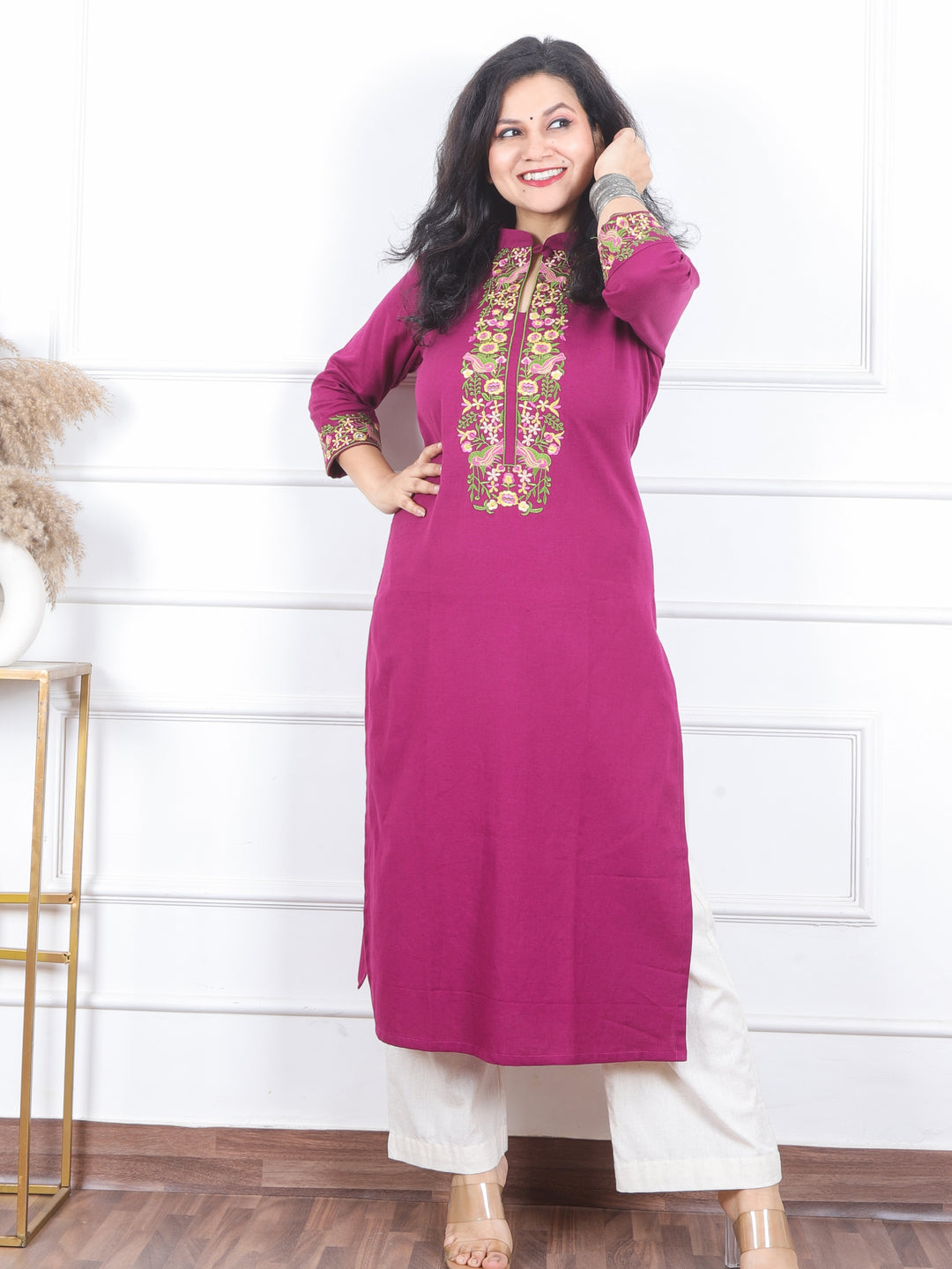 Khawb Berry Purple Floral Thread Embroidered Neck Cotton Flex Kurti