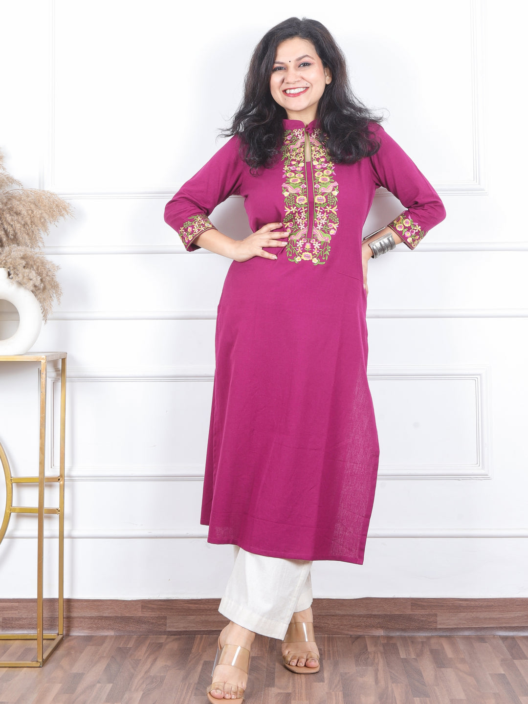 Khawb Berry Purple Floral Thread Embroidered Neck Cotton Flex Kurti