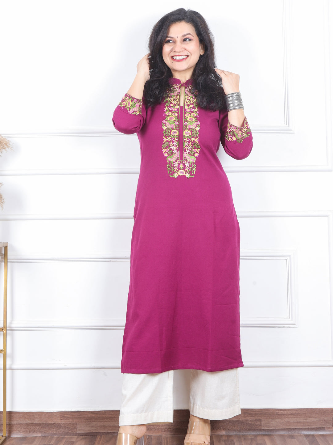 Khawb Berry Purple Floral Thread Embroidered Neck Cotton Flex Kurti