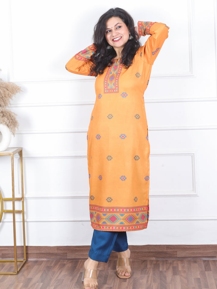 Zinat Fire Orange Kullu inspired Printed Semi Pashmina Kurti