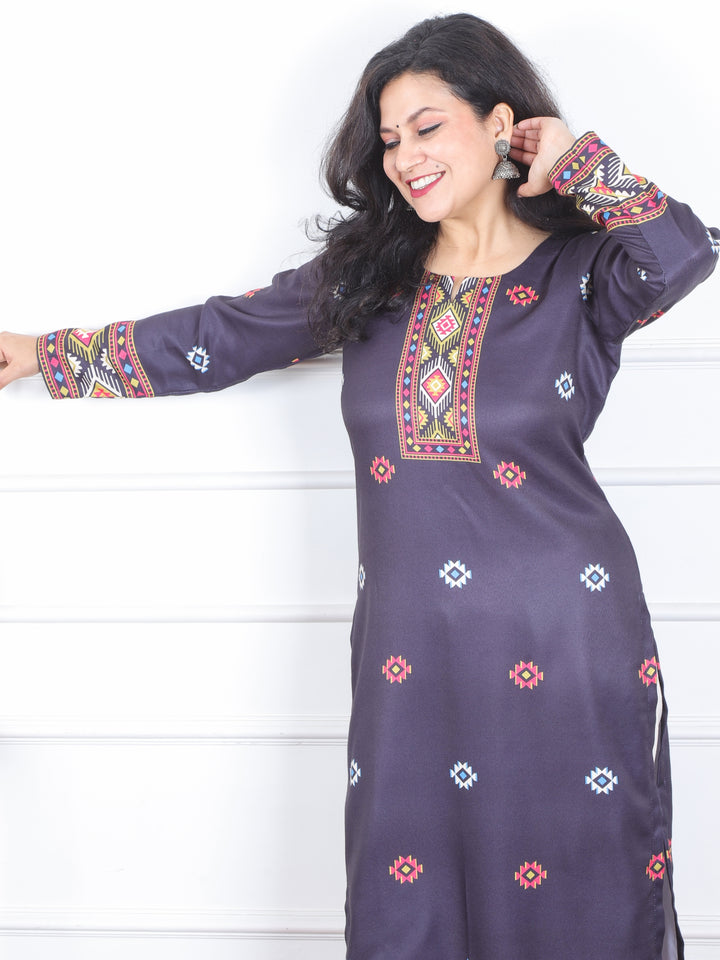 Zinat Midnight Black  Kullu inspired Printed Semi Pashmina Kurti