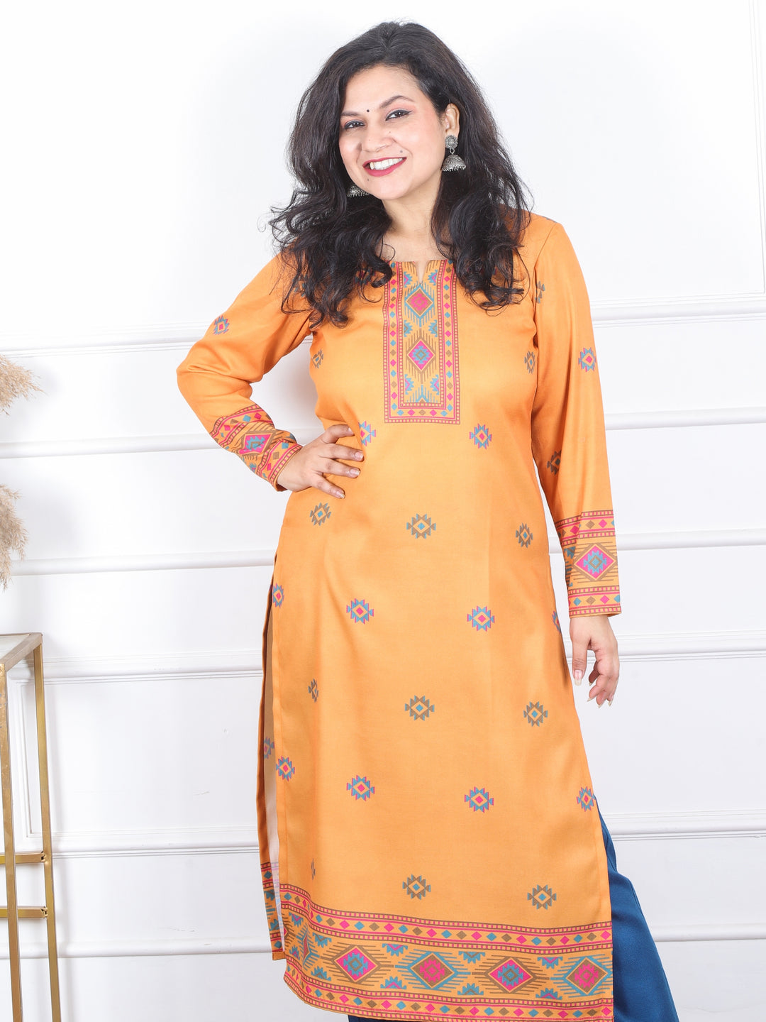 Zinat Fire Orange Kullu inspired Printed Semi Pashmina Kurti