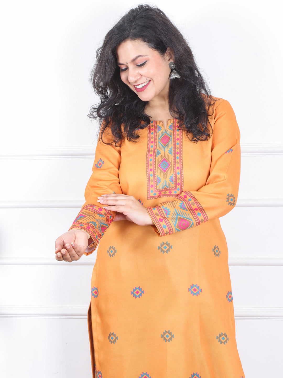 Zinat Fire Orange Kullu inspired Printed Semi Pashmina Kurti