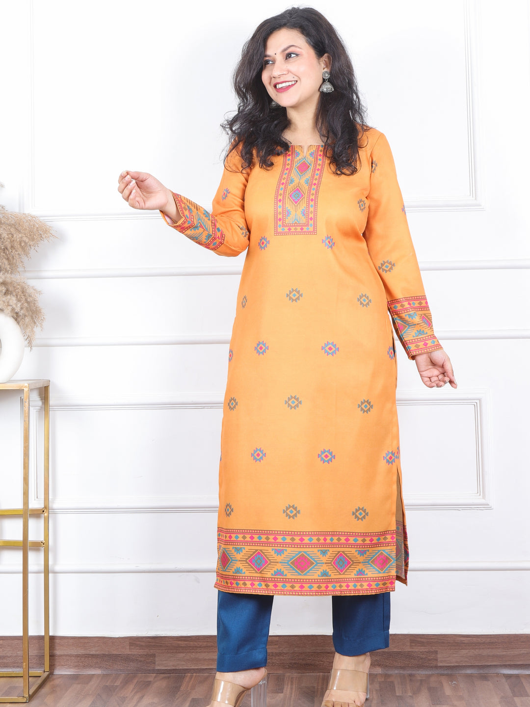 Zinat Fire Orange Kullu inspired Printed Semi Pashmina Kurti