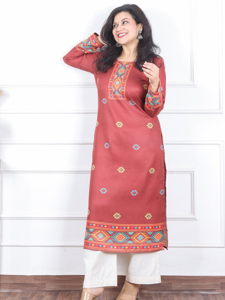 Zinat Burnt Red Kullu inspired Printed Semi Pashmina Kurti