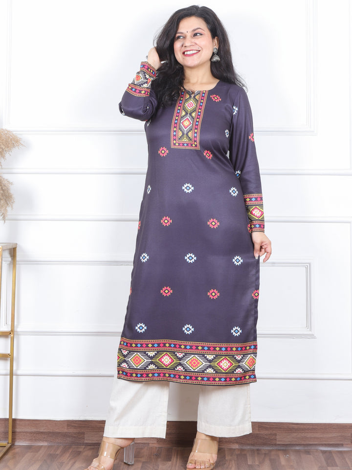 Zinat Midnight Black  Kullu inspired Printed Semi Pashmina Kurti