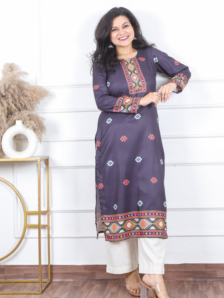 Zinat Midnight Black  Kullu inspired Printed Semi Pashmina Kurti