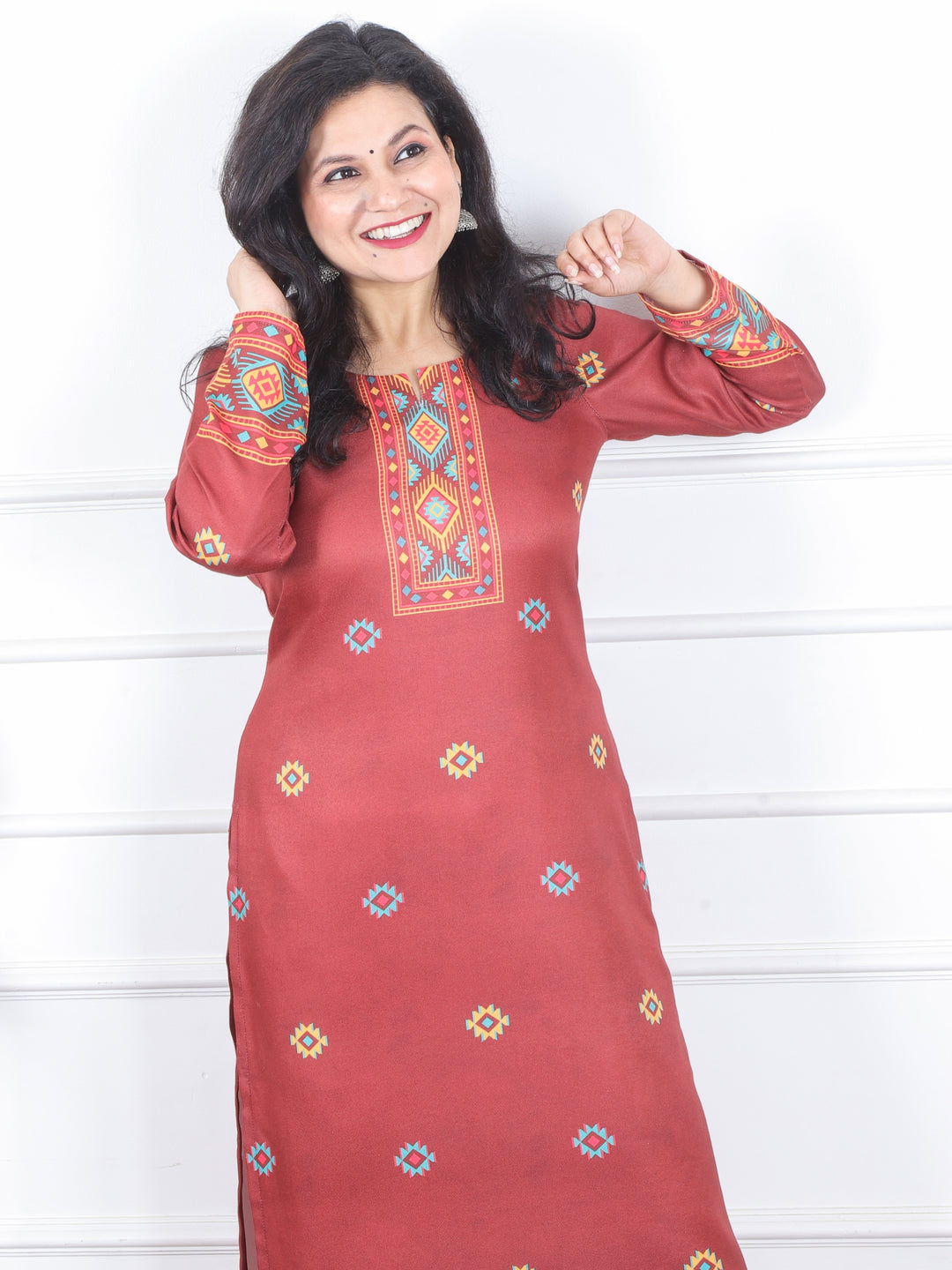 Zinat Burnt Red Kullu inspired Printed Semi Pashmina Kurti