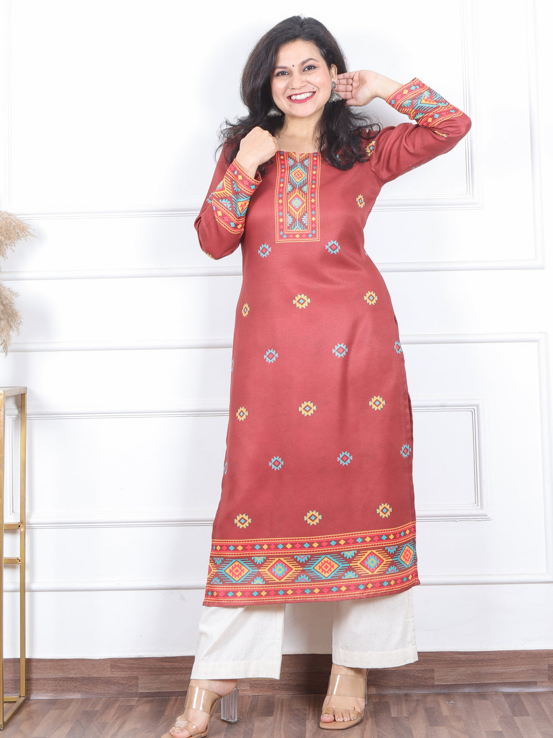 Zinat Burnt Red Kullu inspired Printed Semi Pashmina Kurti