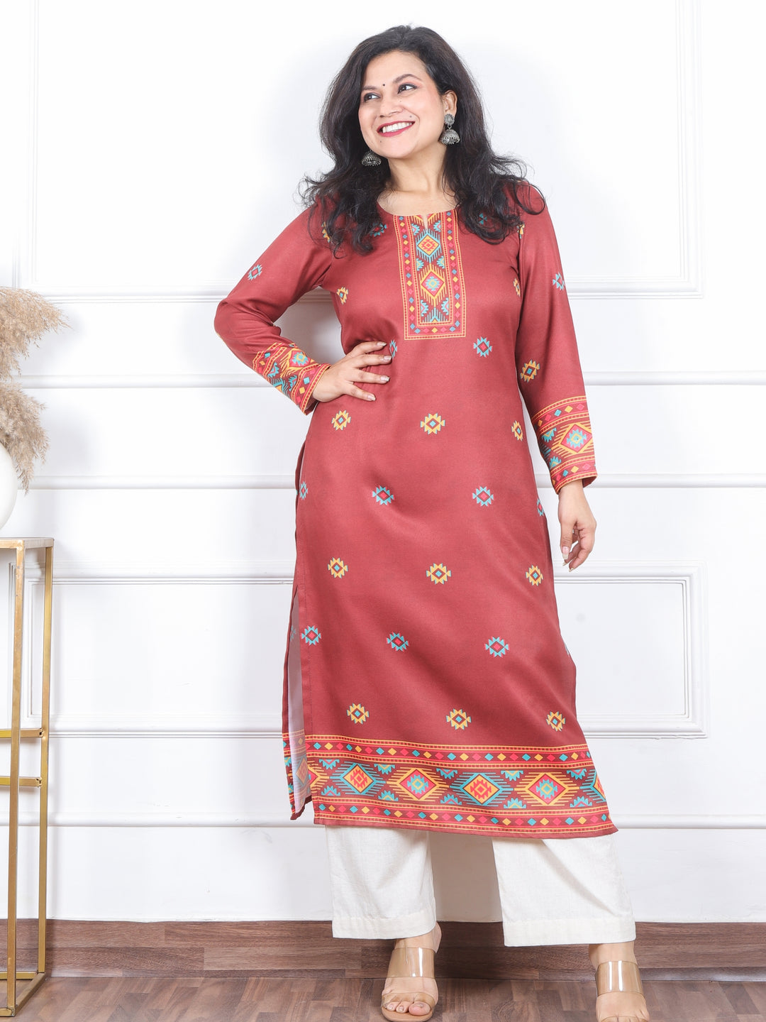 Zinat Burnt Red Kullu inspired Printed Semi Pashmina Kurti