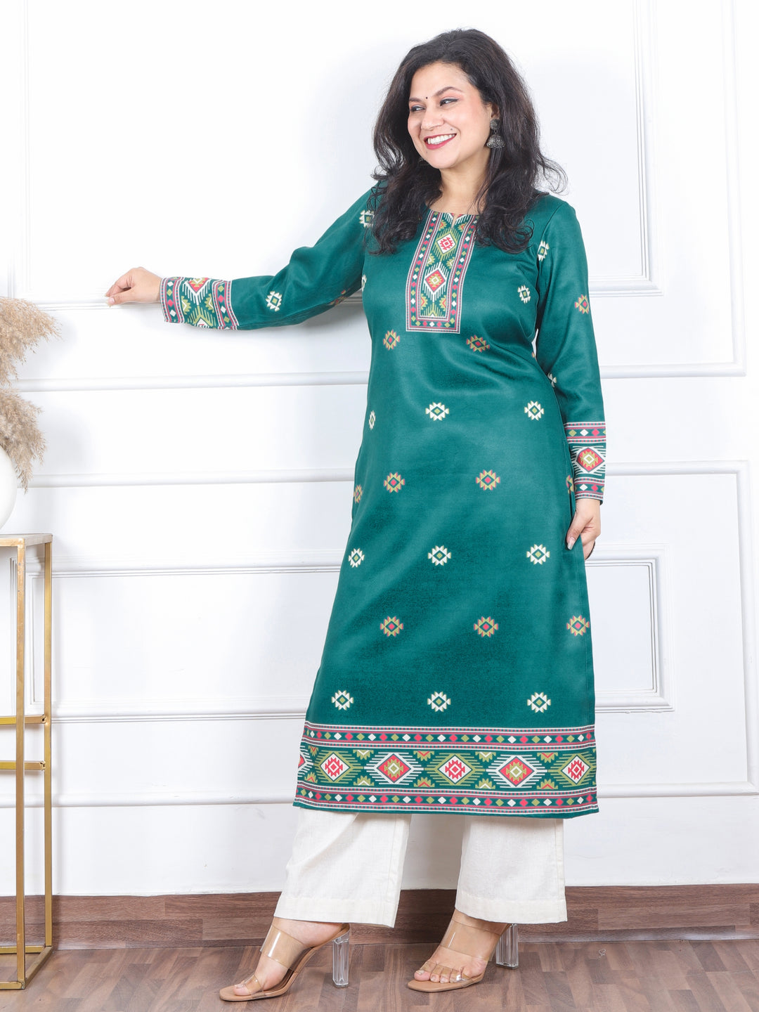 Zinat Bottle Green  Kullu inspired Printed Semi Pashmina Kurti