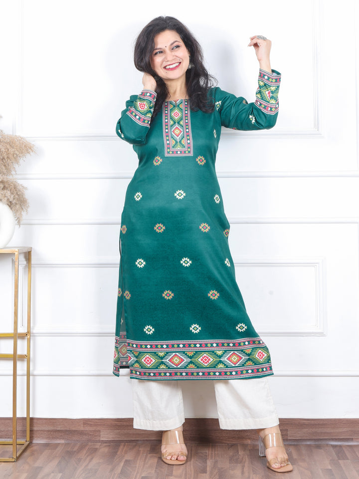 Zinat Bottle Green  Kullu inspired Printed Semi Pashmina Kurti