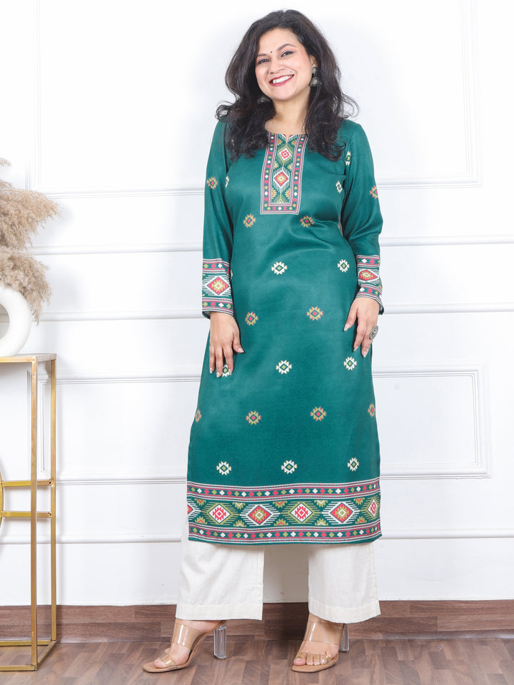 Zinat Bottle Green  Kullu inspired Printed Semi Pashmina Kurti