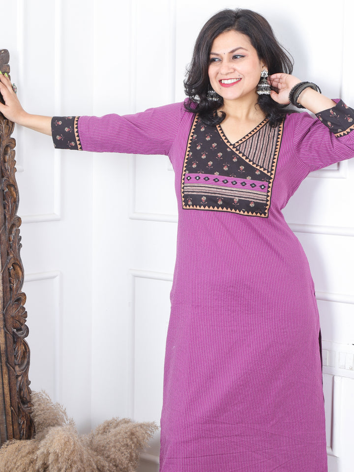 Ada Dark Purple in Angrakha Style Neck Printed Patch Kantha Work Kurti