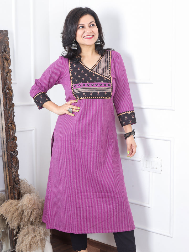 Ada Dark Purple in Angrakha Style Neck Printed Patch Kantha Work Kurti