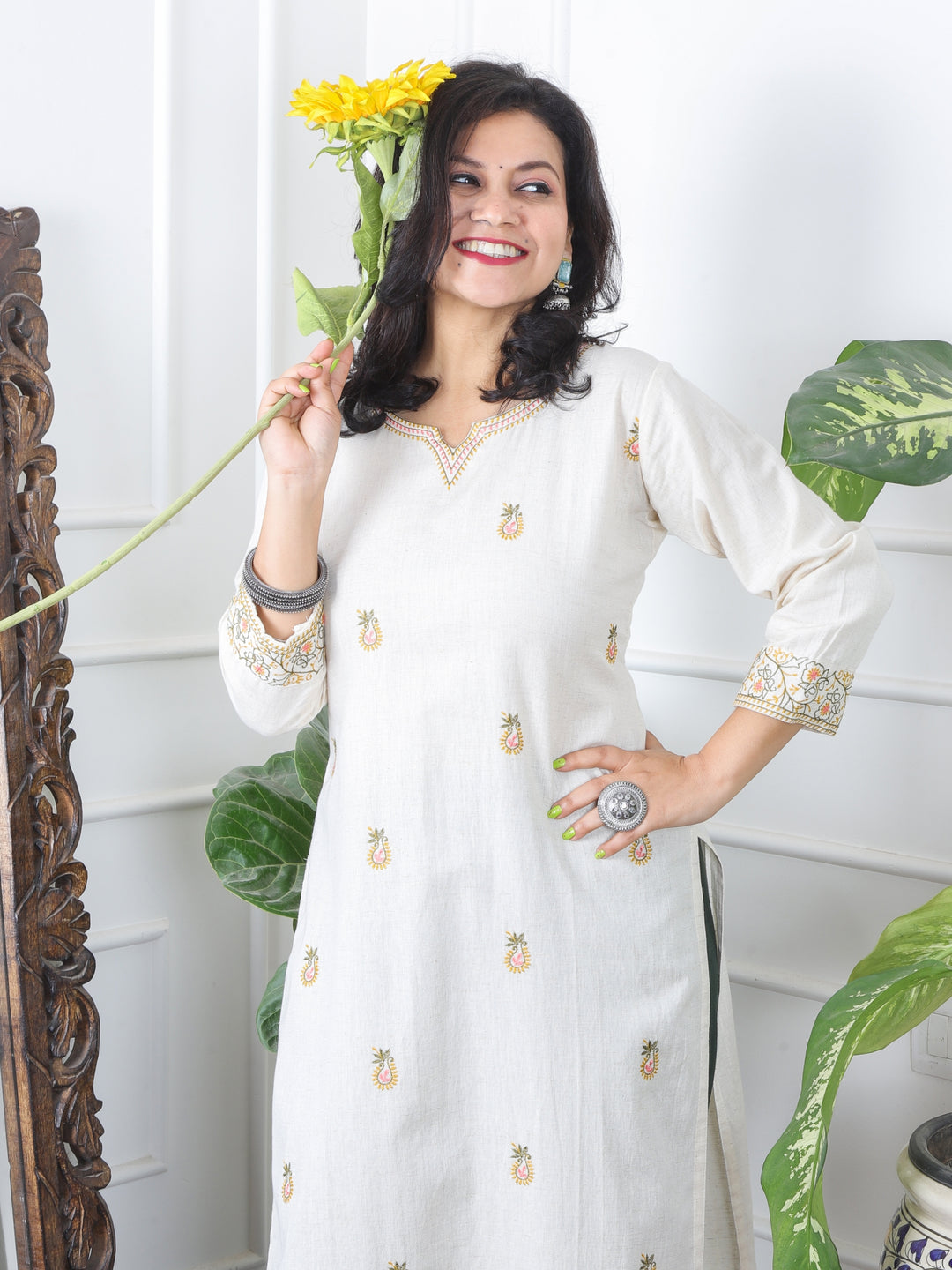 Daarshvi Cream White Thread Embroidery Neck Work Cotton Kurti-D1