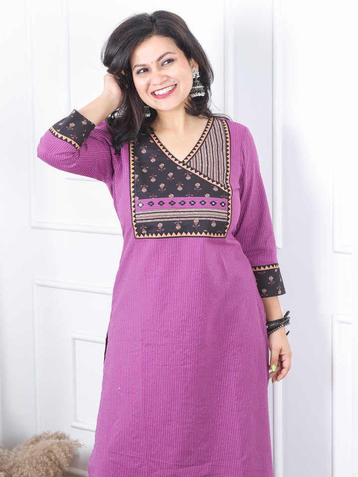 Ada Dark Purple in Angrakha Style Neck Printed Patch Kantha Work Kurti