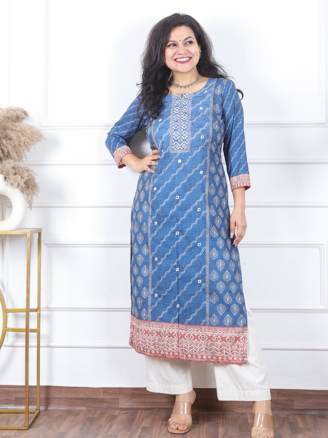 Kranti Cerulean Blue All over Mirror Work Printed Art Cotton Kurti