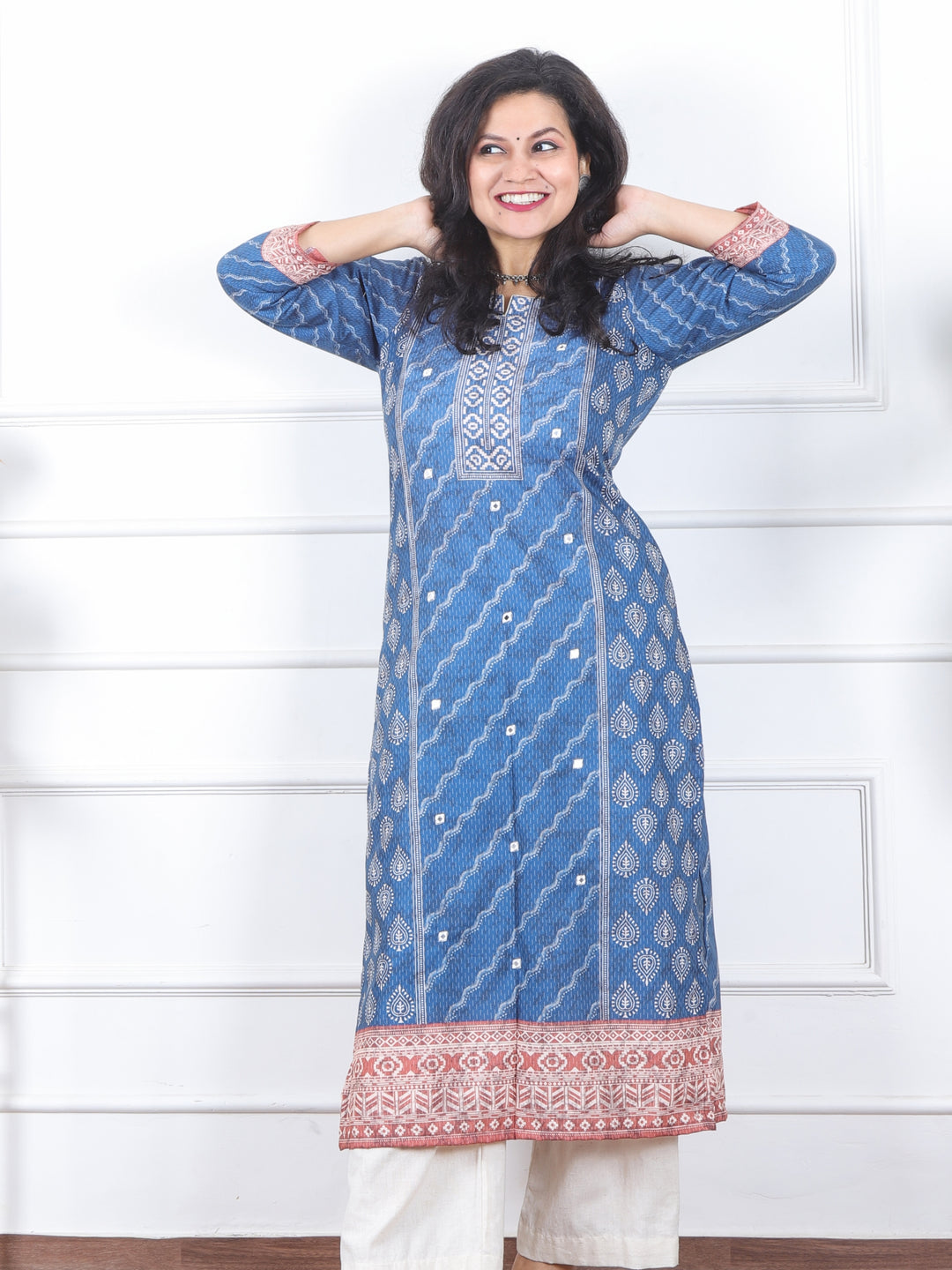 Kranti Cerulean Blue All over Mirror Work Printed Art Cotton Kurti