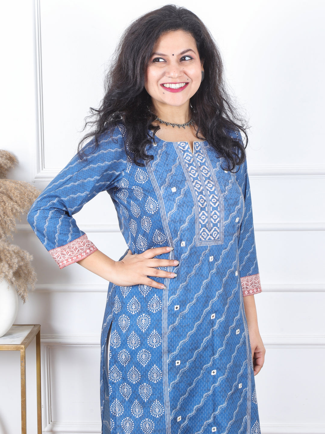 Kranti Cerulean Blue All over Mirror Work Printed Art Cotton Kurti