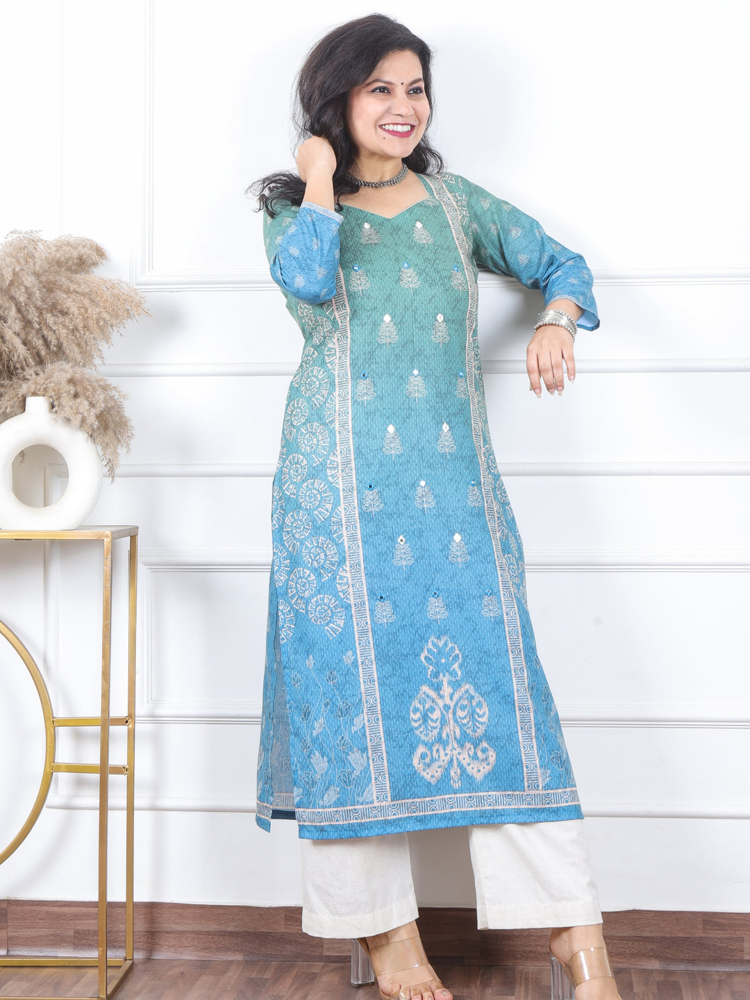 Kranti Ocean Blue All over Mirror Work Printed Art Cotton Kurti