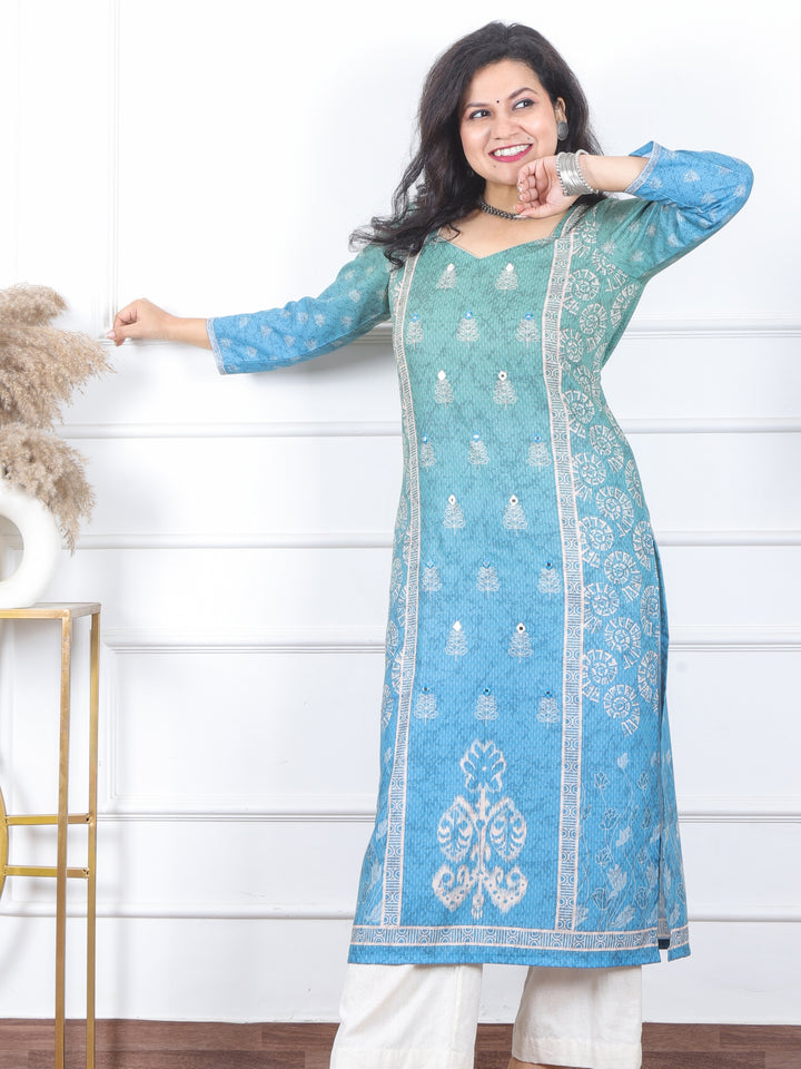 Kranti Ocean Blue All over Mirror Work Printed Art Cotton Kurti