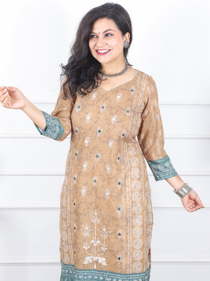 Kranti Peanut Beige All over Mirror Work Printed Art Cotton Kurti