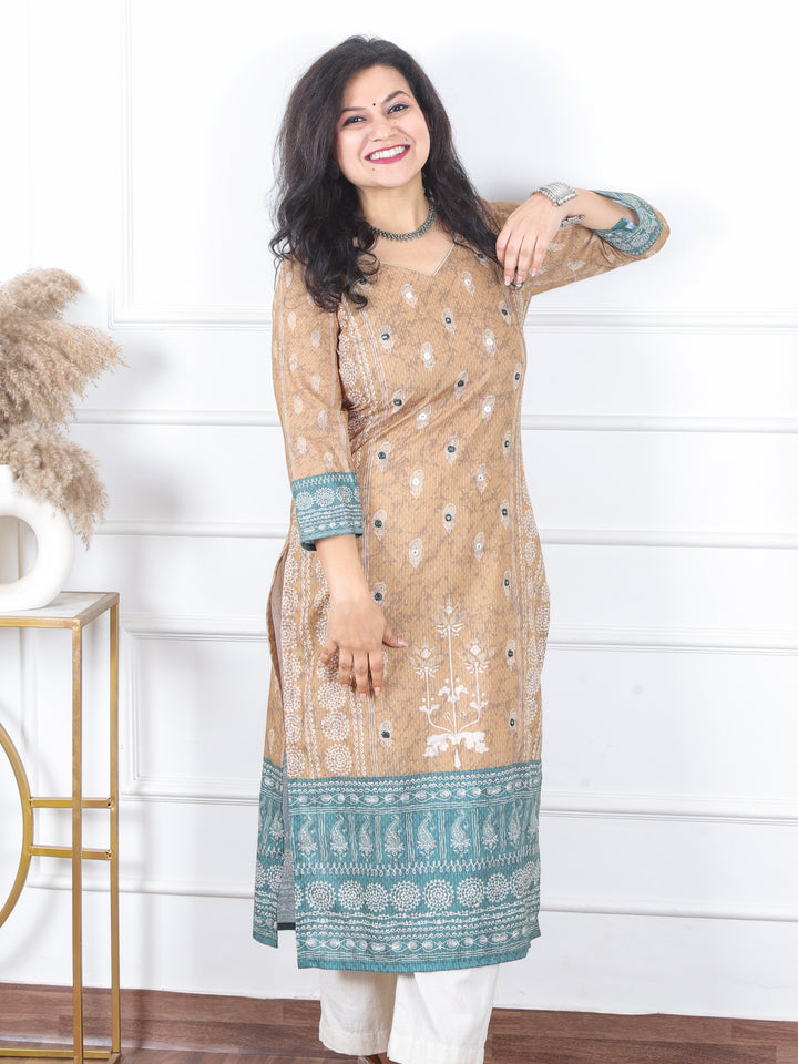 Kranti Peanut Beige All over Mirror Work Printed Art Cotton Kurti