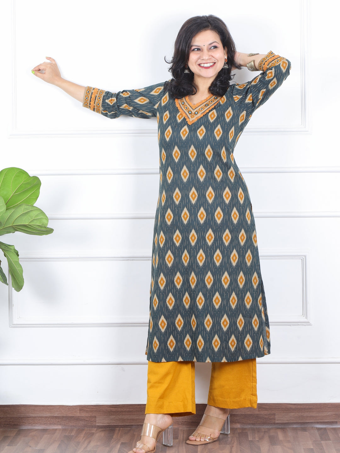 Khawb Pine Green V Neck Mirror Work Ikkat Printed Cotton Kurti