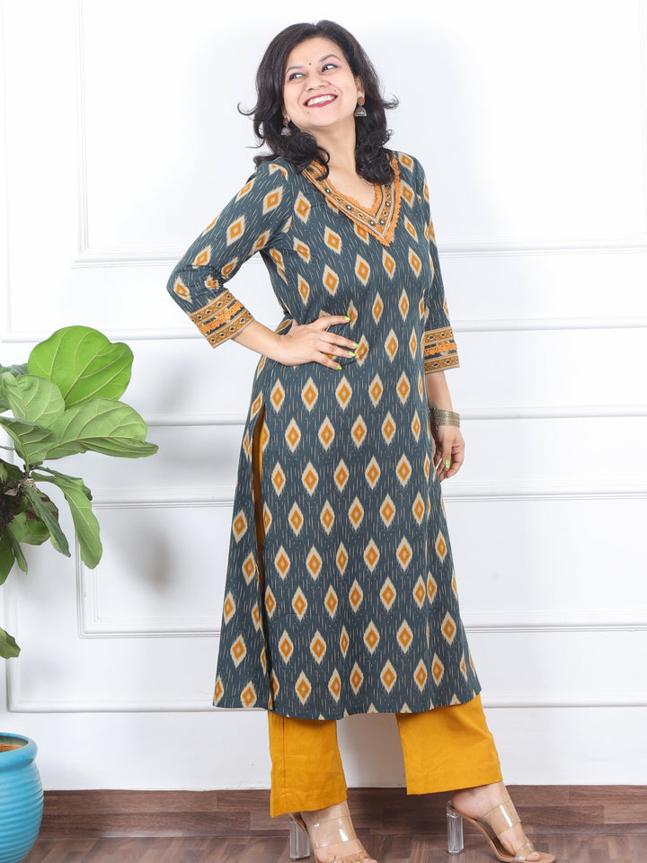 Khawb Pine Green V Neck Mirror Work Ikkat Printed Cotton Kurti