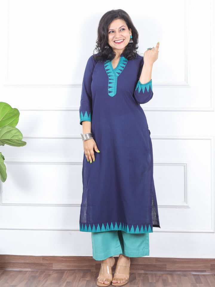 Kranti Navy Blue Temple Print Neck Lace Work South Cotton Kurti