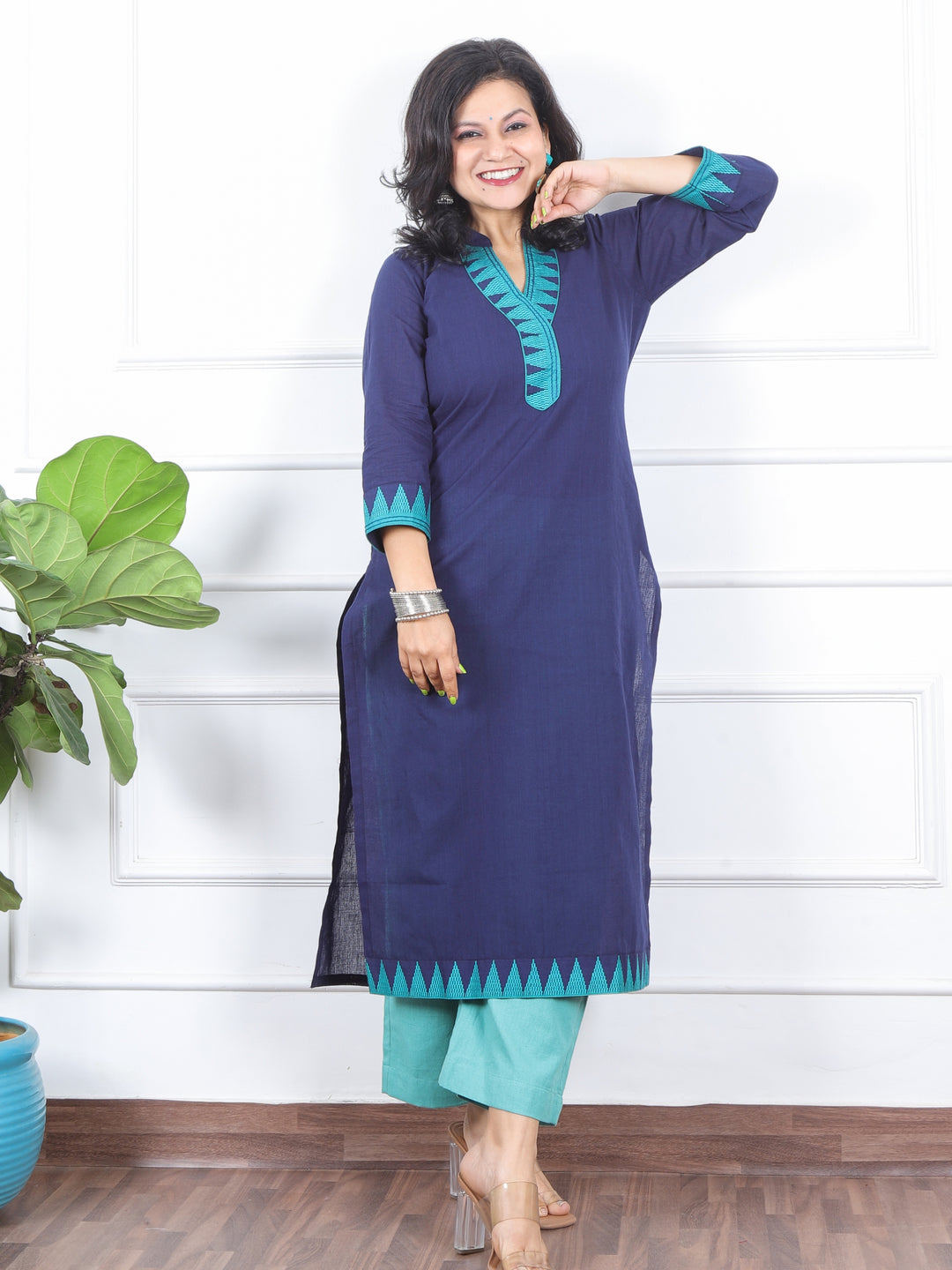 Kranti Navy Blue Temple Print Neck Lace Work South Cotton Kurti