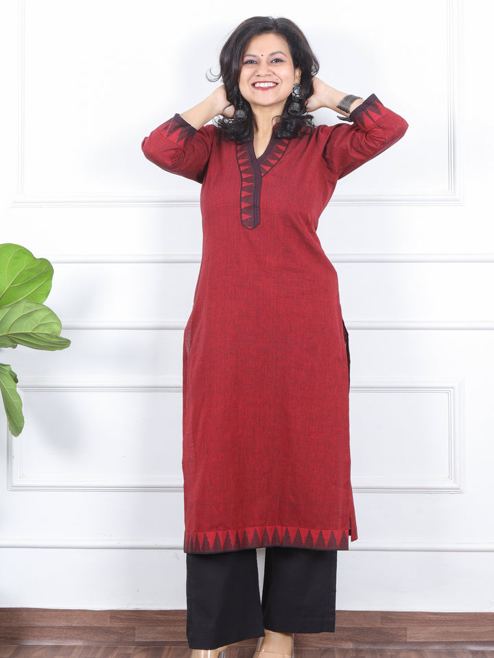 Kranti Blood Red Temple Print Neck Lace Work South Cotton Kurti