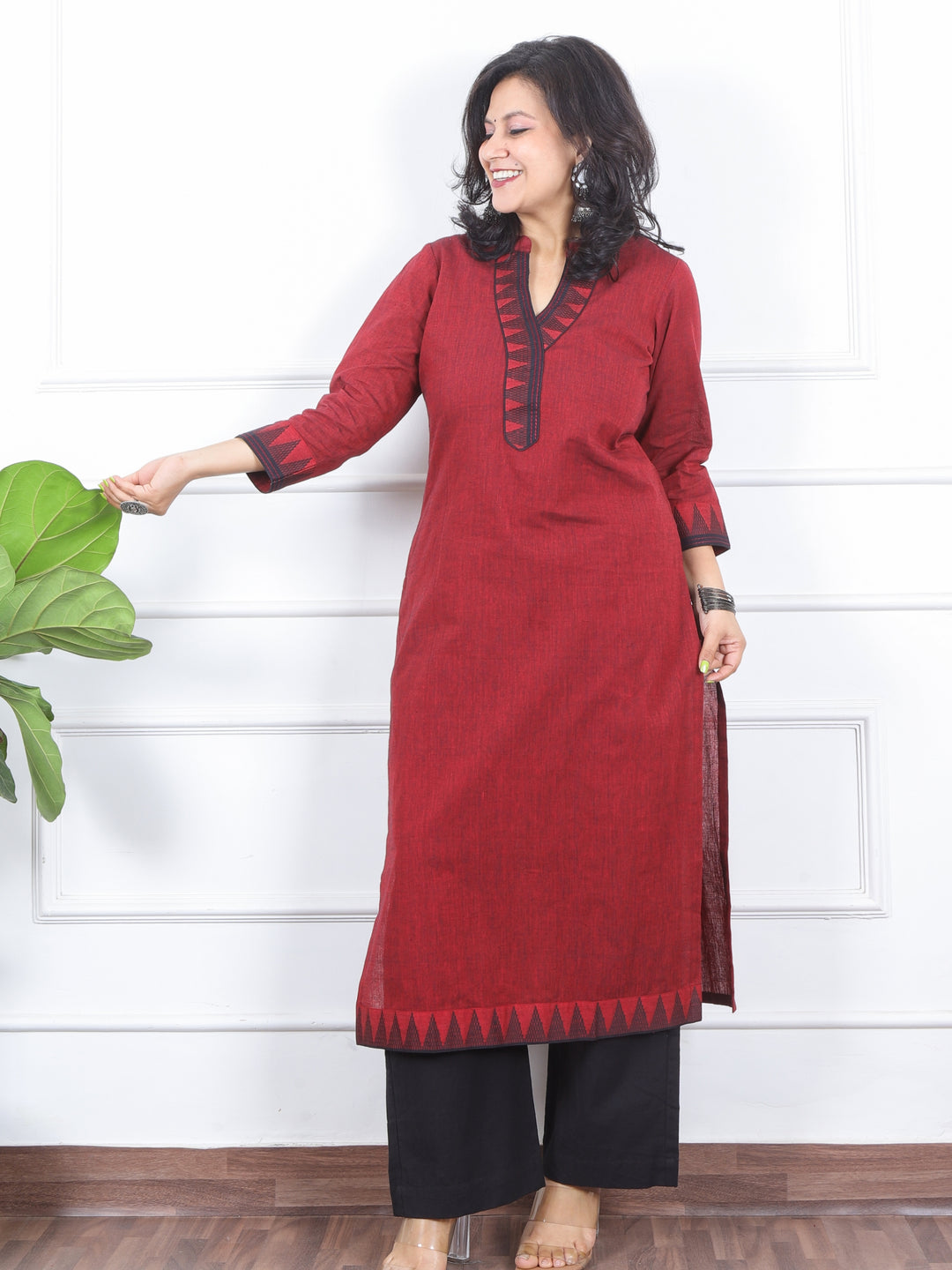 Kranti Blood Red Temple Print Neck Lace Work South Cotton Kurti