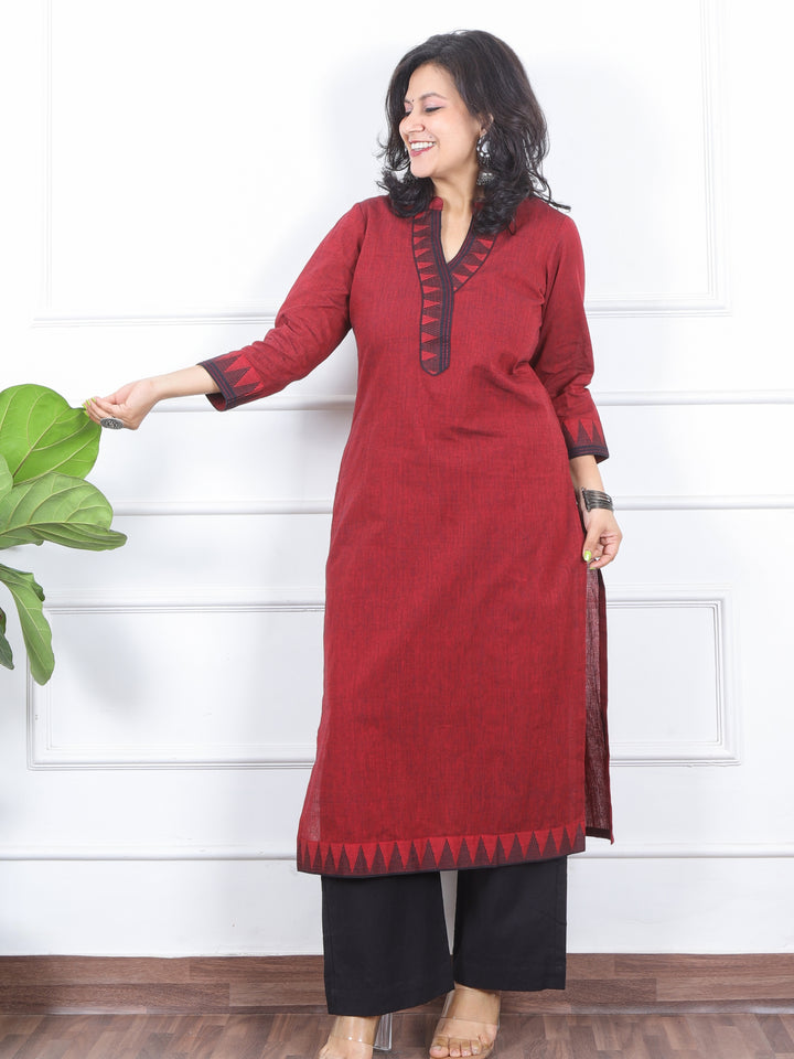 Kranti Blood Red Temple Print Neck Lace Work South Cotton Kurti