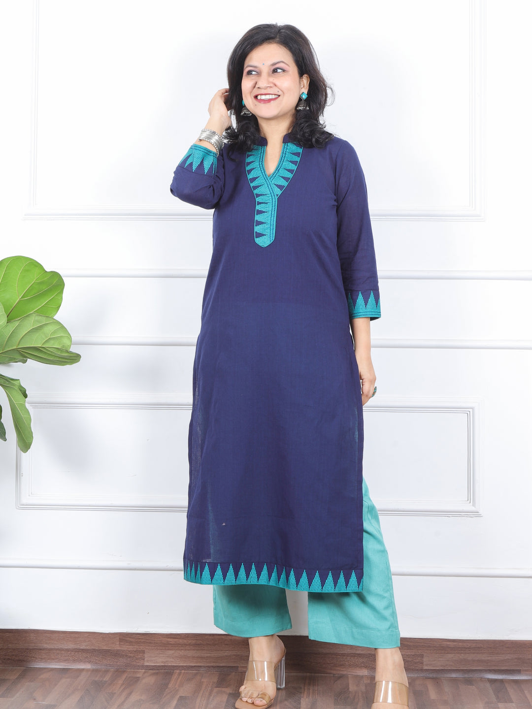 Kranti Navy Blue Temple Print Neck Lace Work South Cotton Kurti