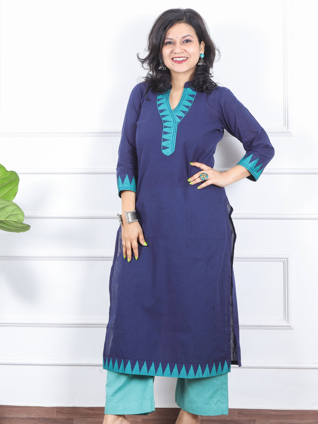 Kranti Navy Blue Temple Print Neck Lace Work South Cotton Kurti