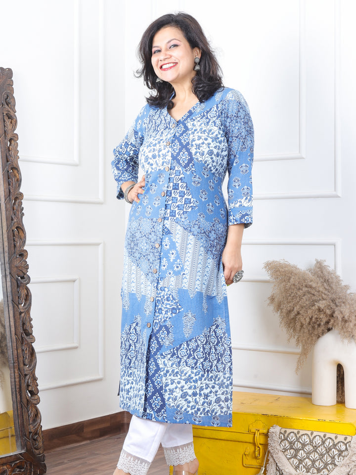 Kranti Base Azure Dabu Patches Kantha with Button Work Cotton Kurti-D2