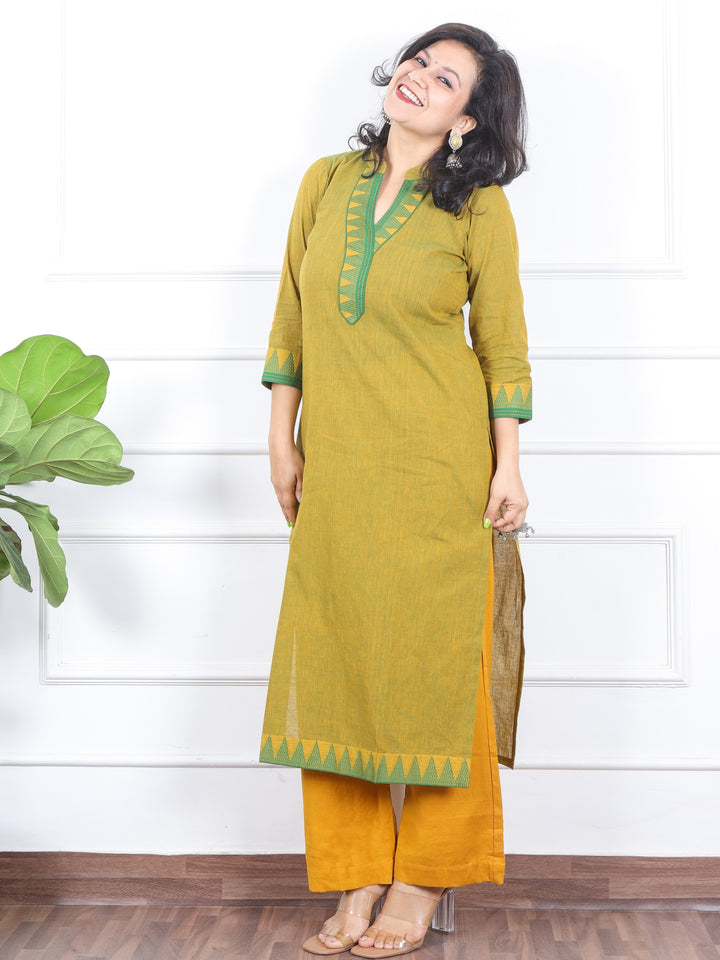 Kranti Lemon Yellow Temple Print Neck Lace Work South Cotton Kurti