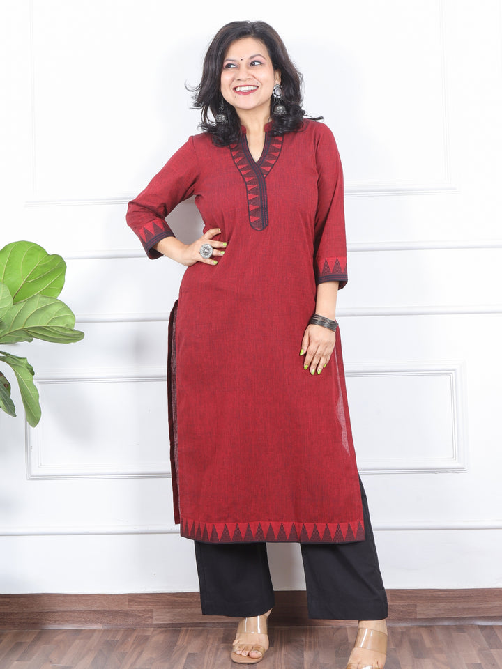 Kranti Blood Red Temple Print Neck Lace Work South Cotton Kurti