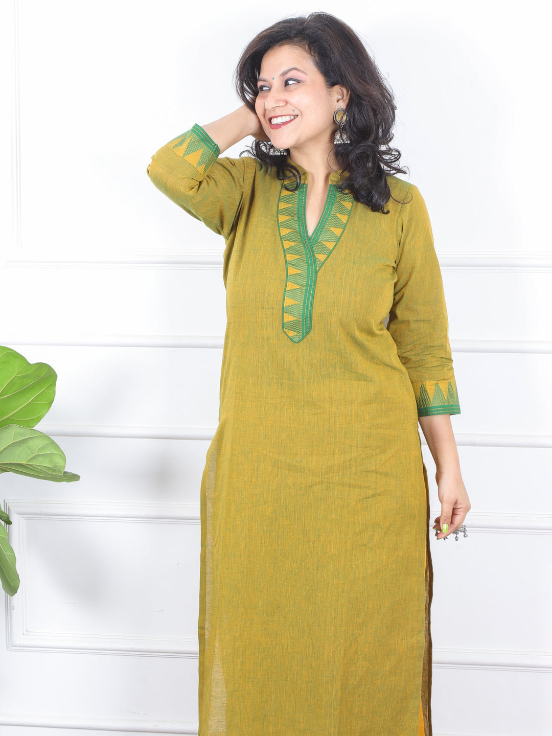 Kranti Lemon Yellow Temple Print Neck Lace Work South Cotton Kurti