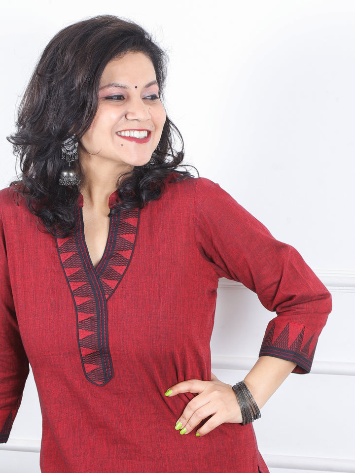 Kranti Blood Red Temple Print Neck Lace Work South Cotton Kurti