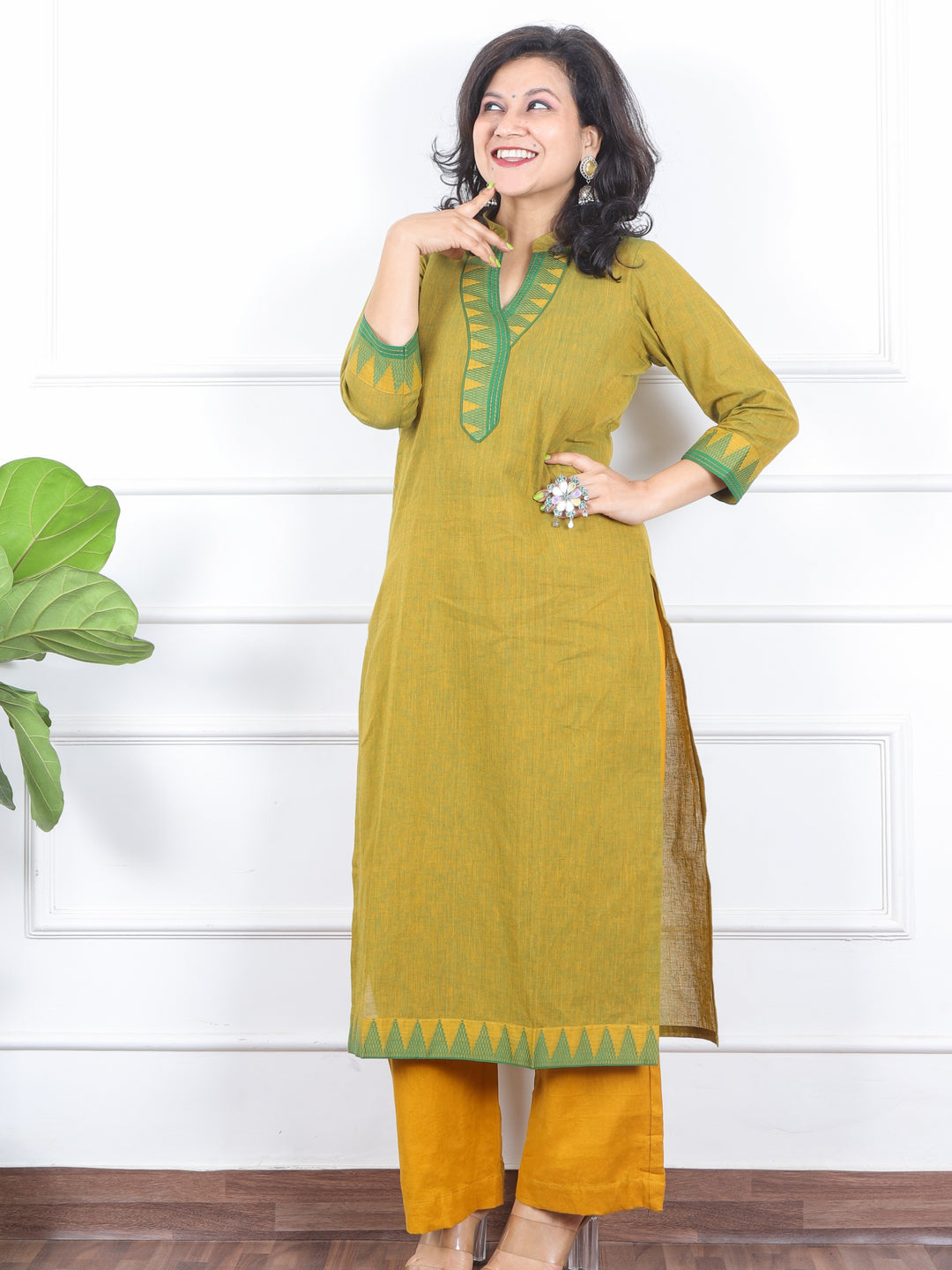 Kranti Lemon Yellow Temple Print Neck Lace Work South Cotton Kurti