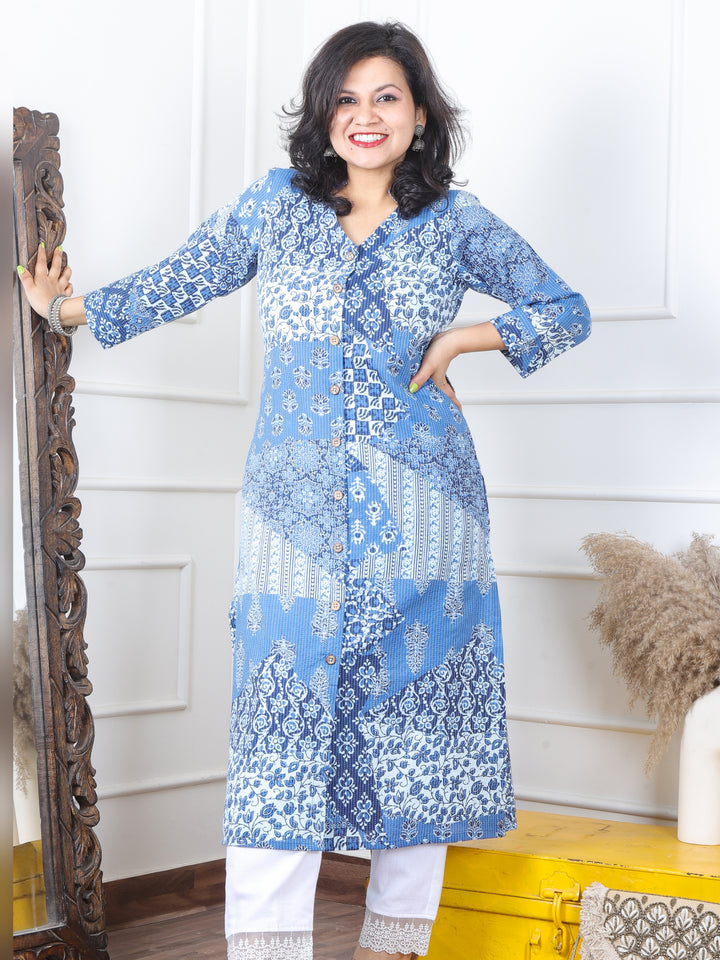 Kranti Base Azure Dabu Patches Kantha with Button Work Cotton Kurti-D2