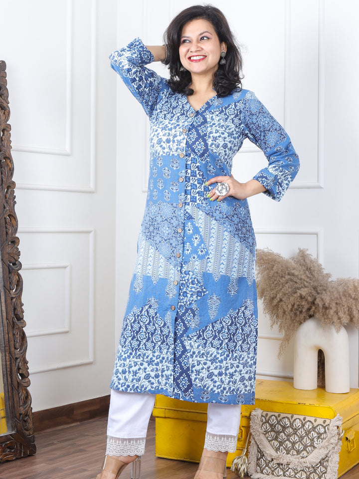 Kranti Base Azure Dabu Patches Kantha with Button Work Cotton Kurti-D2