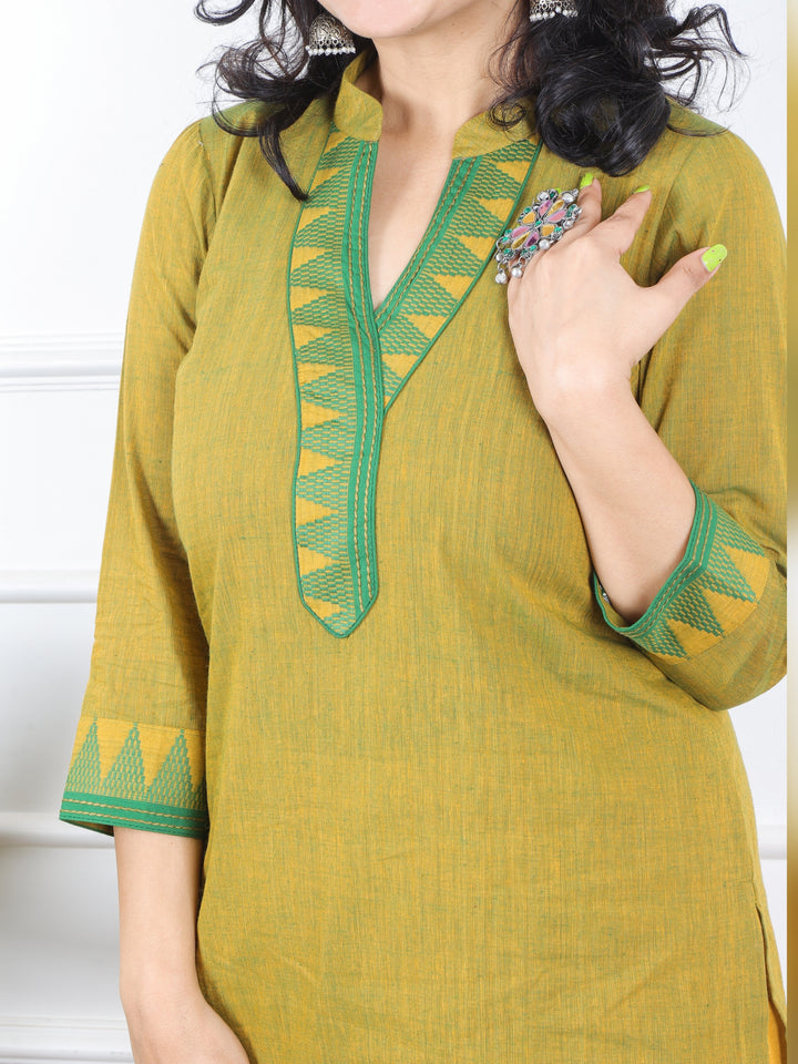 Kranti Lemon Yellow Temple Print Neck Lace Work South Cotton Kurti