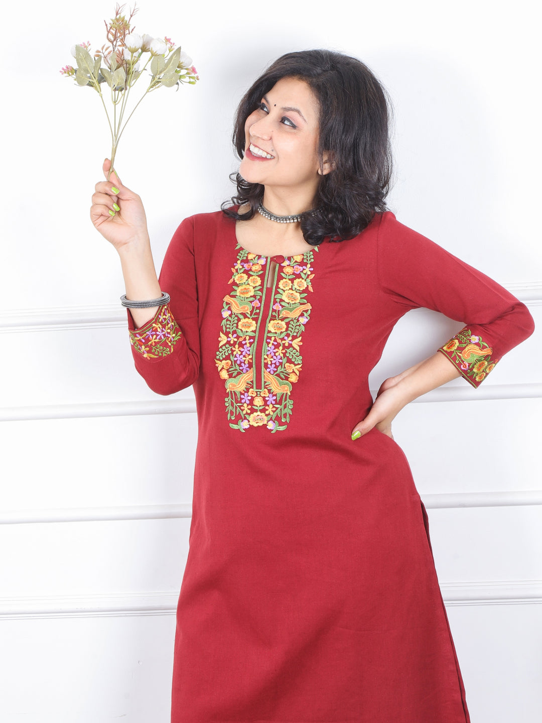 Khawb Ruby Red Floral Thread Embroidered Neck Cotton Flex Kurti