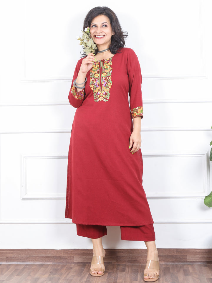 Khawb Ruby Red Floral Thread Embroidered Neck Cotton Flex Kurti