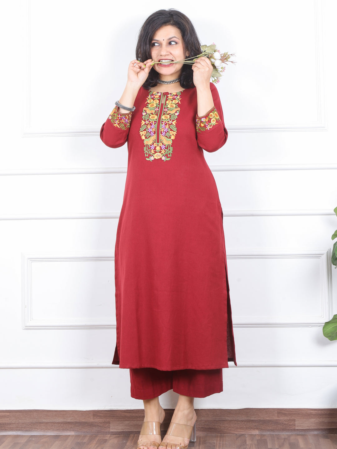 Khawb Ruby Red Floral Thread Embroidered Neck Cotton Flex Kurti